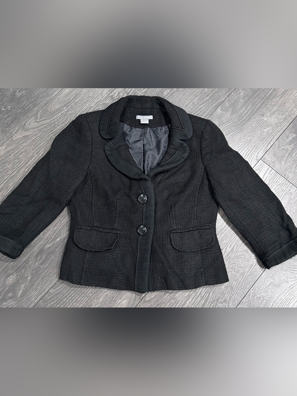 Ann Taylor Black Tweed Blazer Jacket Pleated Trim 3/4 Sleeve Womens Size 6